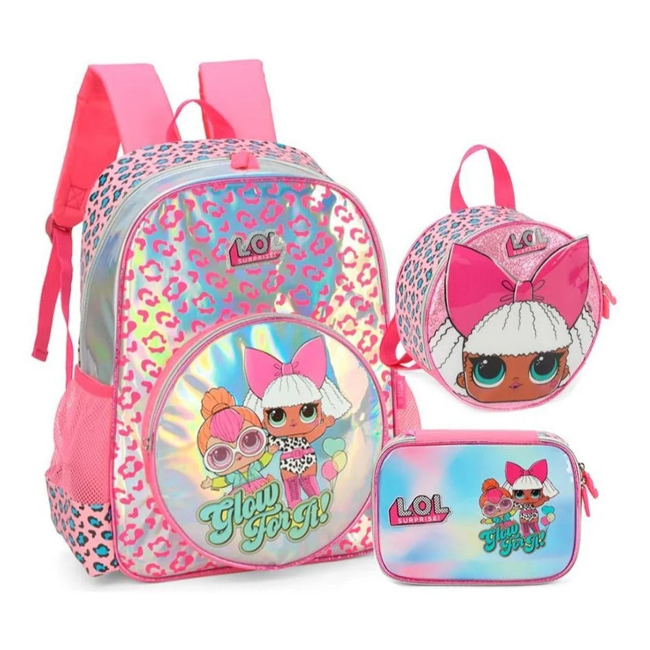 Kit Mochila Escolar LOL Surprise Luxcel Com Rodinhas Lancheira E Estojo Rosa Infantil Volta Às Aulas
