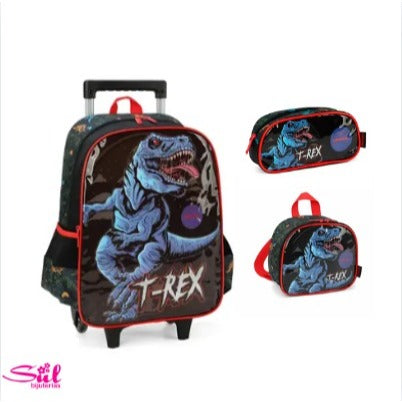 Mochila de Rodinhas Infantil Luxcel Up4You T-Rex com Lancheira – Dinossauro Estampado, Resistente e Divertida