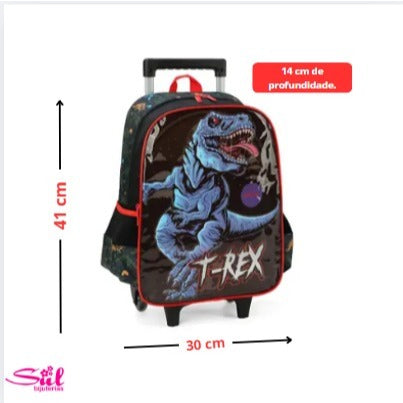 Mochila de Rodinhas Infantil Luxcel Up4You T-Rex com Lancheira – Dinossauro Estampado, Resistente e Divertida