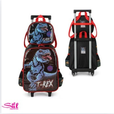 Mochila de Rodinhas Infantil Luxcel Up4You T-Rex com Lancheira – Dinossauro Estampado, Resistente e Divertida