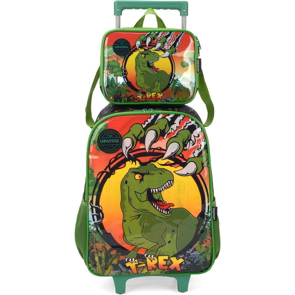Mochila Escolar Infantil T-Rex Rodinhas Luxcel + Lancheira Térmica e Estojo Menino Top