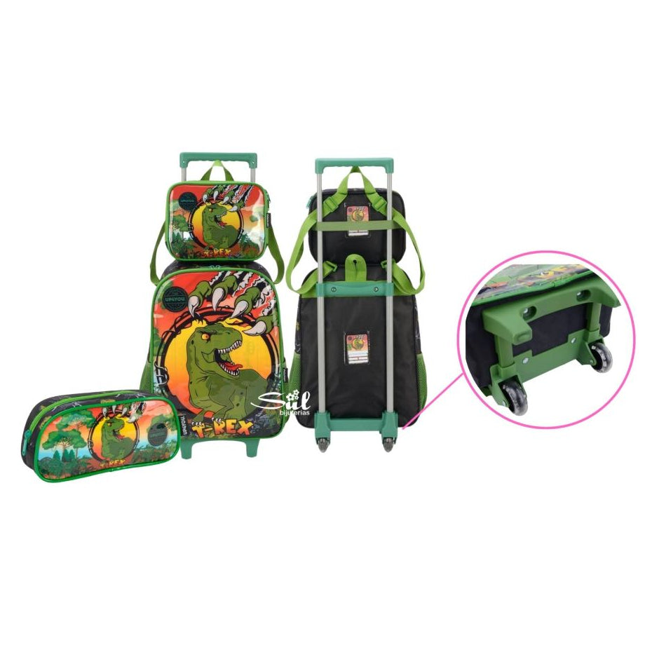 Mochila Escolar Infantil T-Rex Rodinhas Luxcel + Lancheira Térmica e Estojo Menino Top