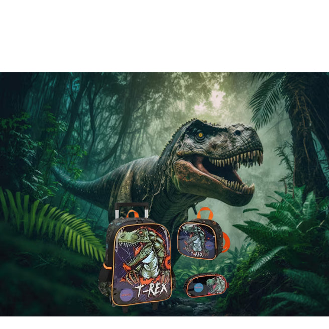 Mochila de Rodinhas Infantil Luxcel Up4You T-Rex com Lancheira – Dinossauro Estampado, Resistente e Divertida