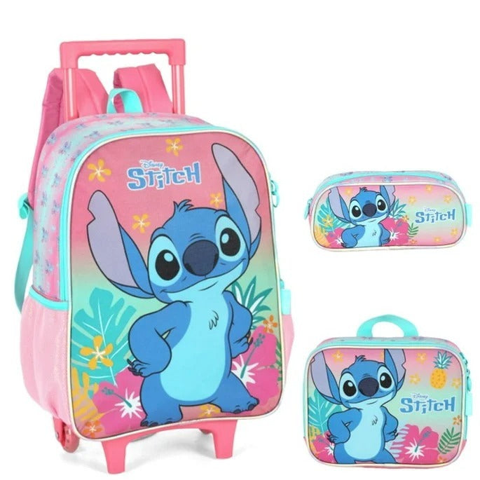 Mochila de Rodinha Stitch Luxcel Kit Escolar 3 Peças Lancheira Estojo Original Coleção 2026 Infantil