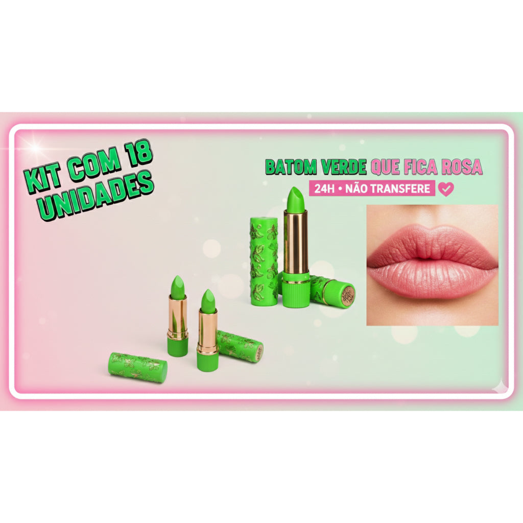 Kit 18 Batom Mágico Verde  Muda de Cor 24h Longa Duração Oferta
