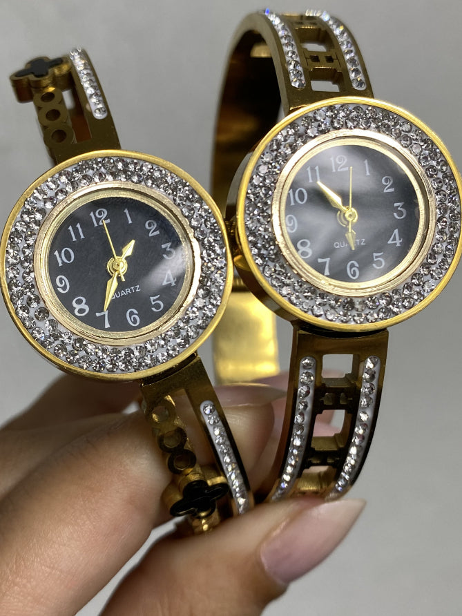 Relogio Feminino Luxo Aco Inoxidavel Nao Escurece Cravejado Bracelete Pulseira Bangle Prova Dagua Top