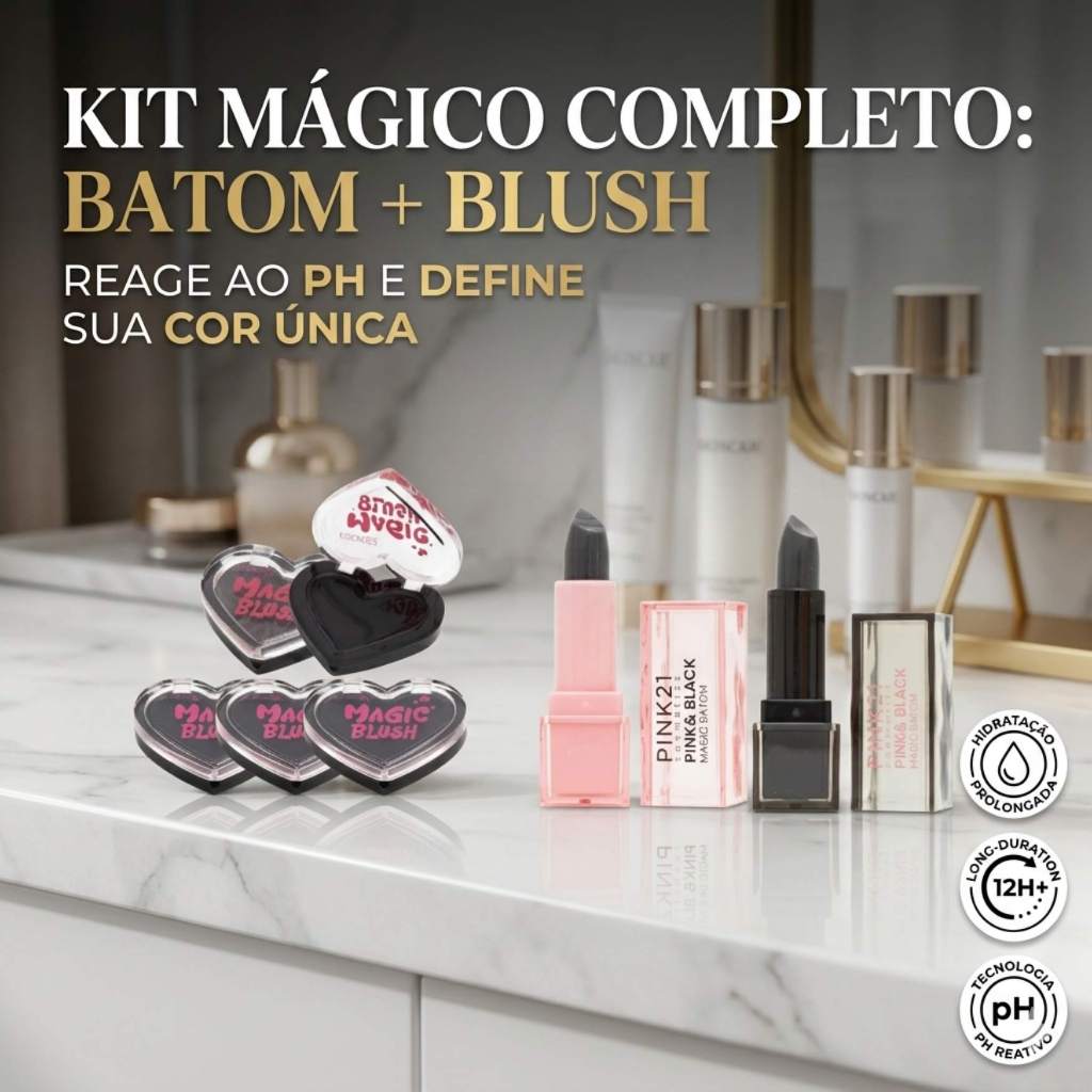 Kit Maquiagem Magica Febella Batom Blush Black Pink Muda De Cor Reage Ph Rosa Natural