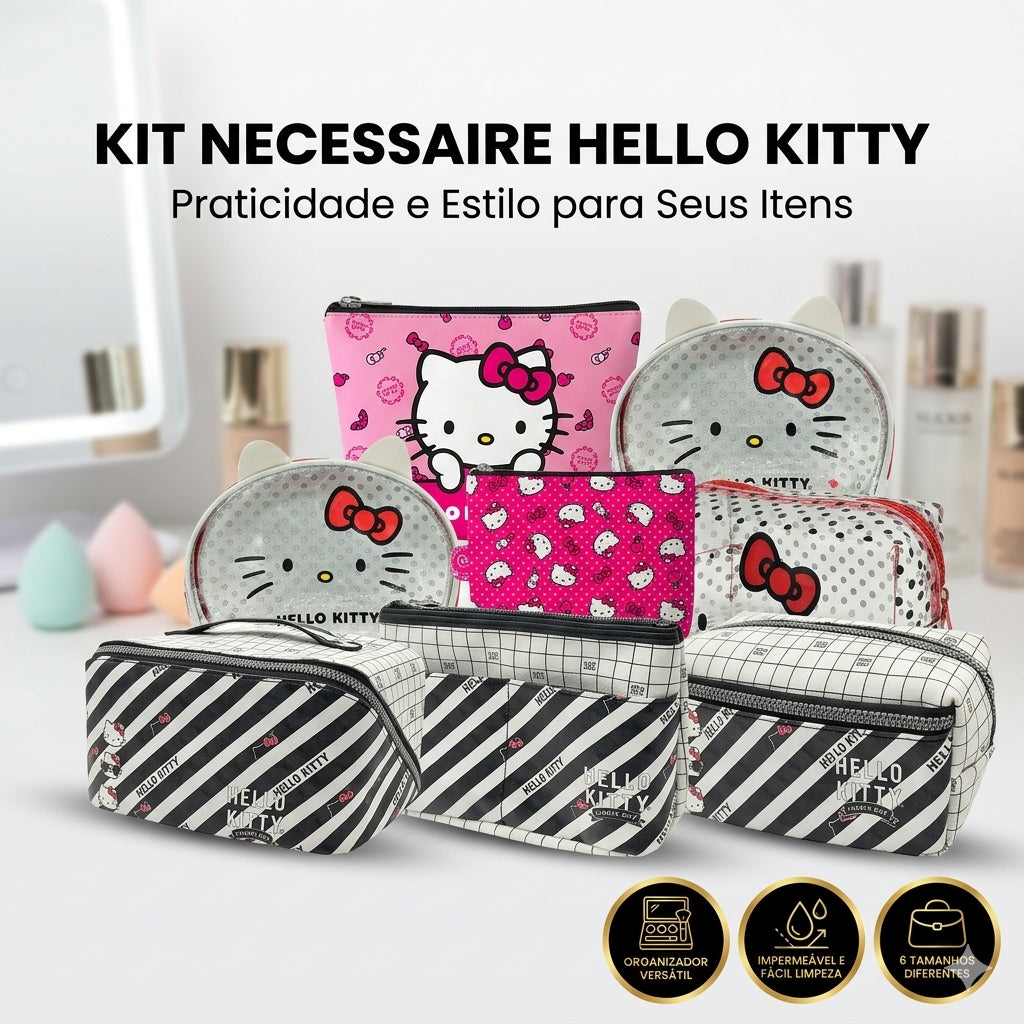 Necessaire Hello Kitty Feminina Estojo Maquiagem Organização Viagem Transparente Poá Zíper Duplo Kit 2 Unidades Luxo