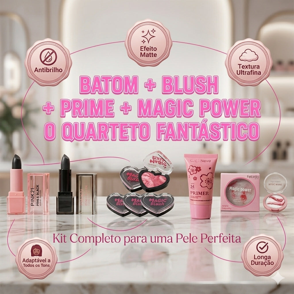 Kit Maquiagem Completa: Batom Mágico Blush Coração Primer Febella Efeito Filtro Blindagem Profissional