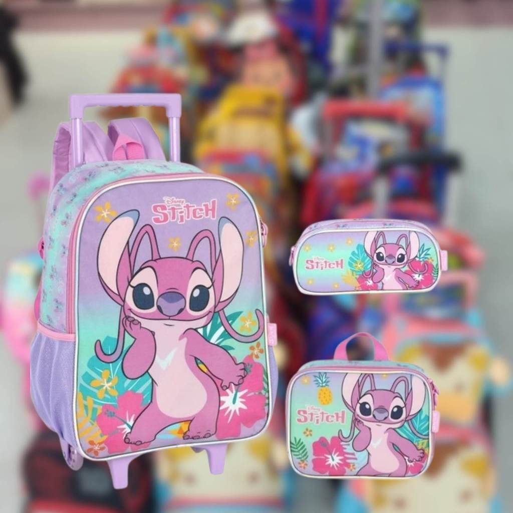 Mochila de Rodinha Stitch Luxcel Kit Escolar 3 Peças Lancheira Estojo Original Coleção 2026 Infantil