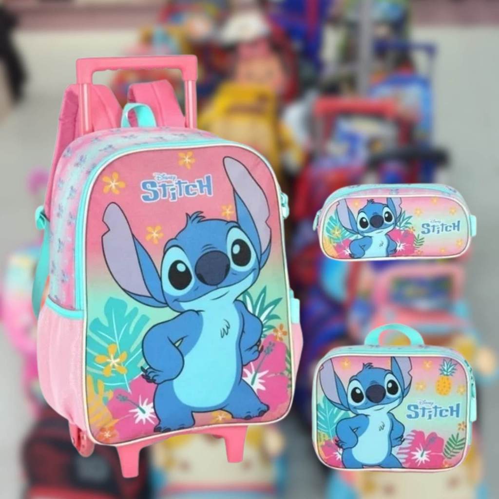 Mochila de Rodinha Stitch Luxcel Kit Escolar 3 Peças Lancheira Estojo Original Coleção 2026 Infantil