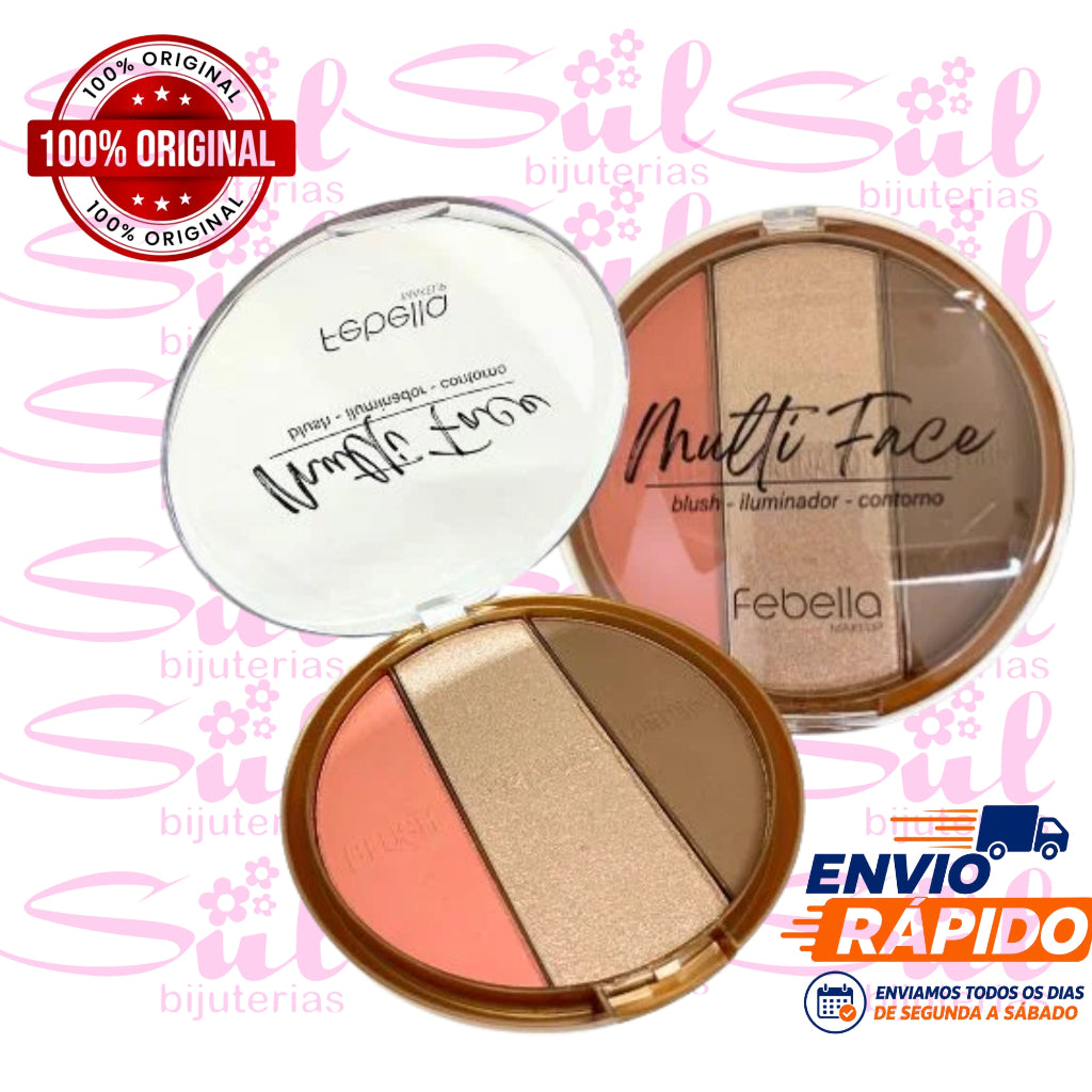 Paleta 3 em 1 Multi Face Febella: Blush, Contorno e Iluminador Compacto de Alta Pigmentação para uma Maquiagem Impecável