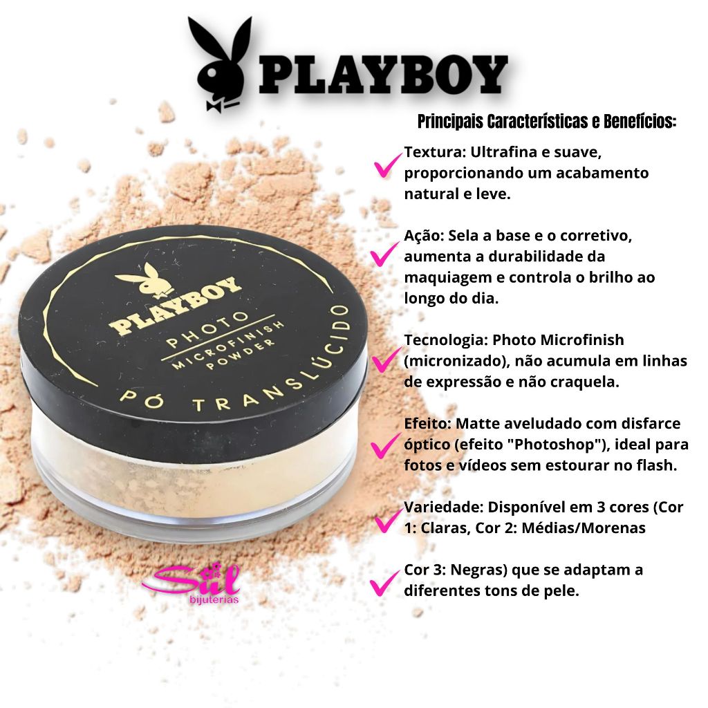 Pó Translúcido Misto Playboy Professional Matte Facial 16g Antioleosidade Selagem de Maquiagem Skin Care Resistente