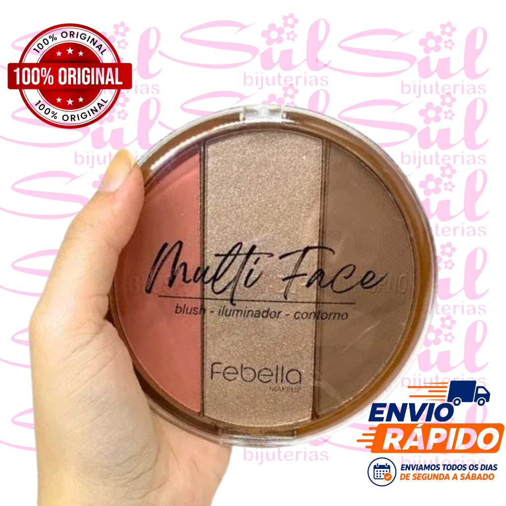Paleta 3 em 1 Multi Face Febella: Blush, Contorno e Iluminador Compacto de Alta Pigmentação para uma Maquiagem Impecável