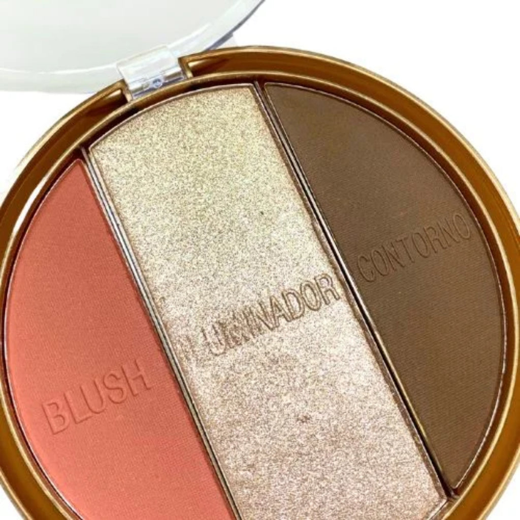 Paleta 3 em 1 Multi Face Febella: Blush, Contorno e Iluminador Compacto de Alta Pigmentação para uma Maquiagem Impecável